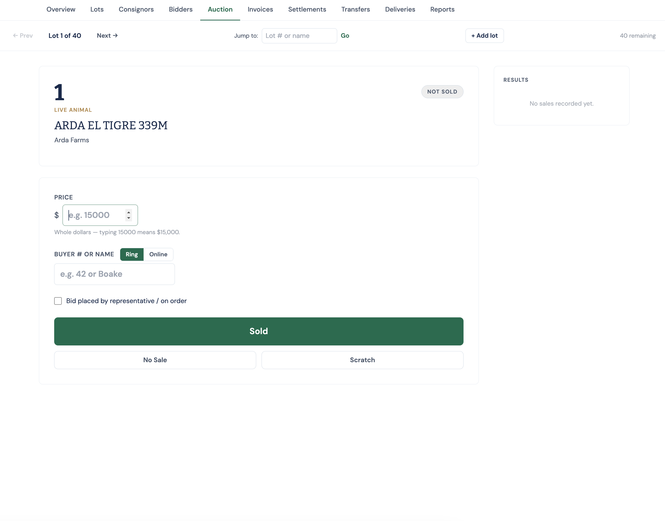 SaleFlow auction screen with fields for the price and buyer and a clear Sold button.