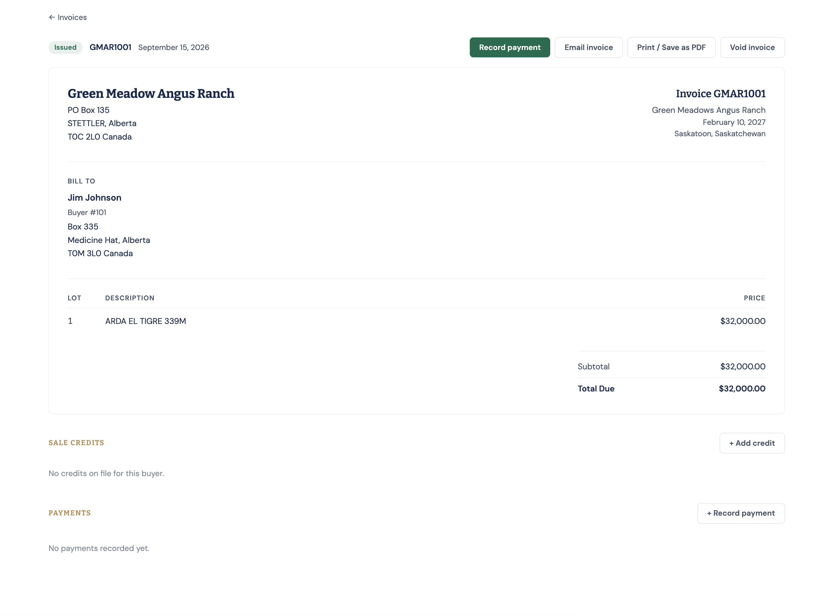 Buyer invoice showing one lot, a $32,000 total, and email and payment controls.