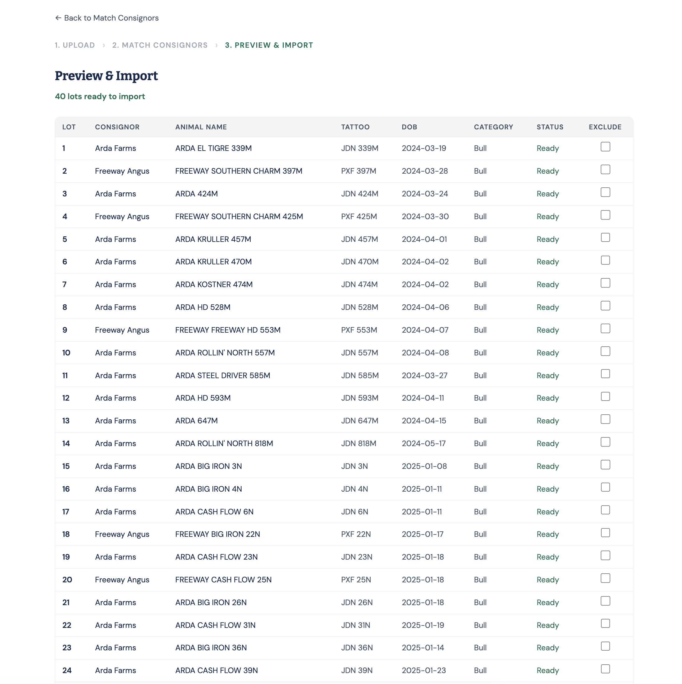 Lot import preview showing the lots, consignors and Ready status.