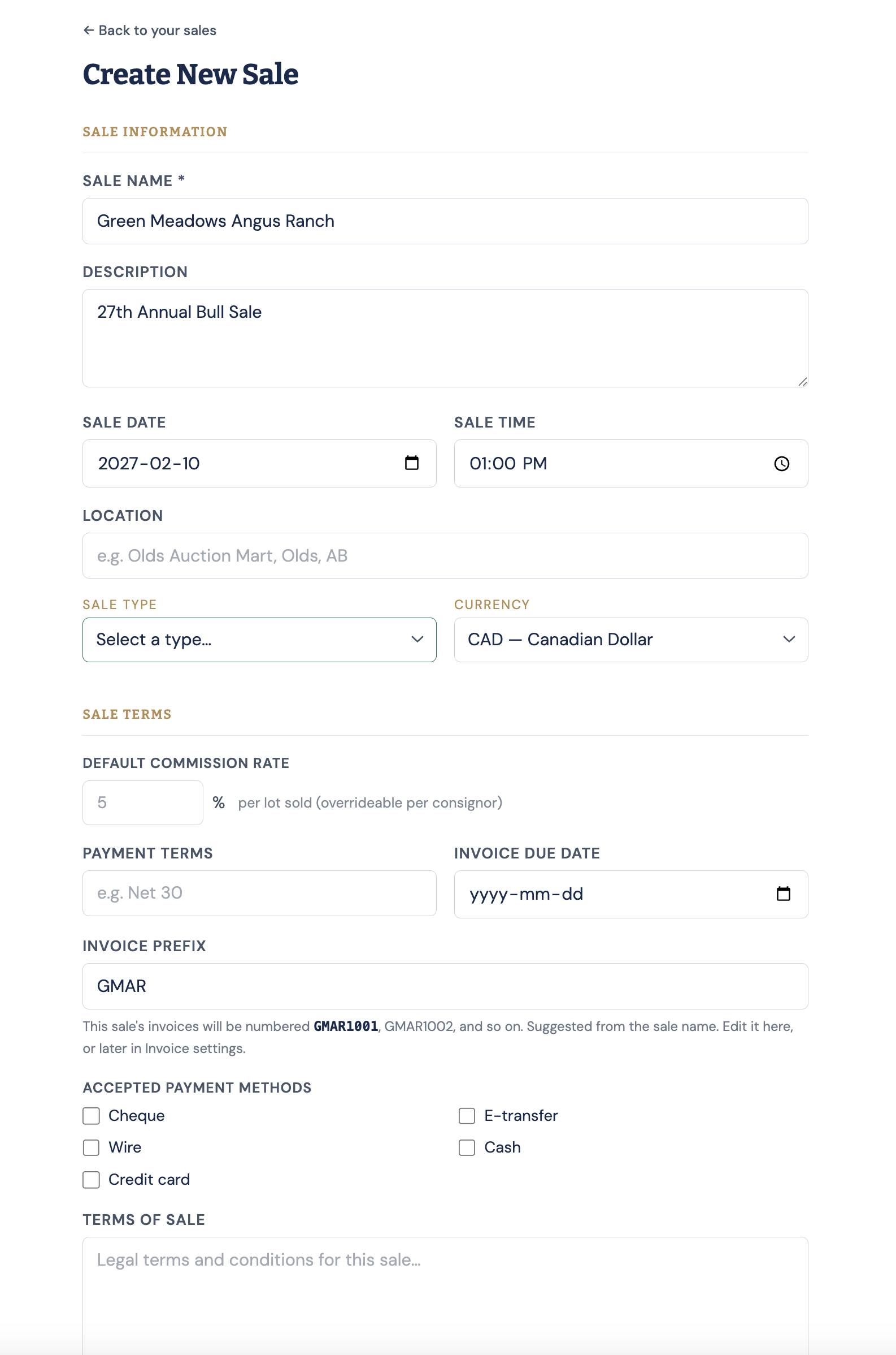 Sale setup form showing the sale name, date and invoice settings.